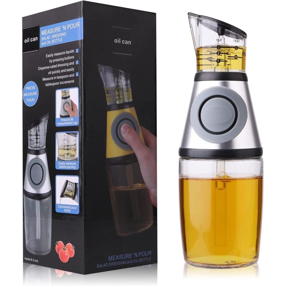 Glass Oil Dispenser Pourer for Kitchen, Clear Glass Oil Bottle with Scale 8.5 Oz